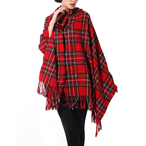 Zicac Womens Vintage Hooded Cloak Cape Bohemian Fringed Plaid Shawl Wrap Scarf