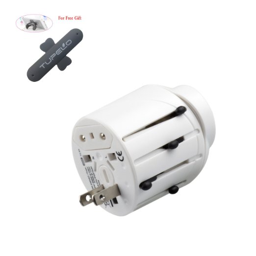 TUPELO® Universal White Compact All-in-one Travel Power Adapter Plug - Includes: International Travel Adapter, USB Charger Attachment, & Stylish Nylon Travel Case, with Free Gift U-Touch Holder