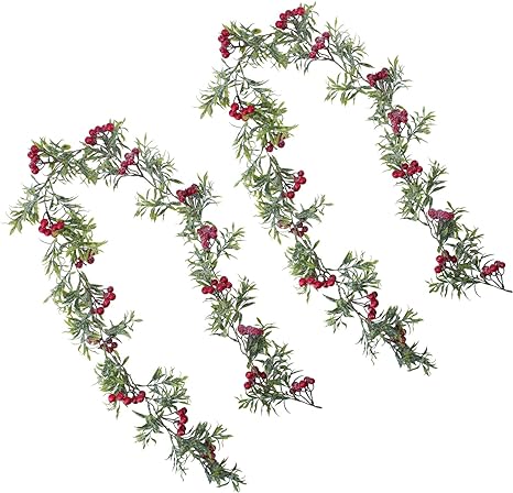 2 Pack 5FT Artificial Snowy Leaves Red Berry Clusters Garland with Bendable Stems for Indoor Outdoor Holiday Christmas Decoration