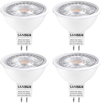 SANSUN 5W MR16 LED Bulbs, 12v 50w Halogen Replacement, GU5.3 Bi-Pin Base, Daylight White 4000K, Non-Dimmable, (Pack of 4)