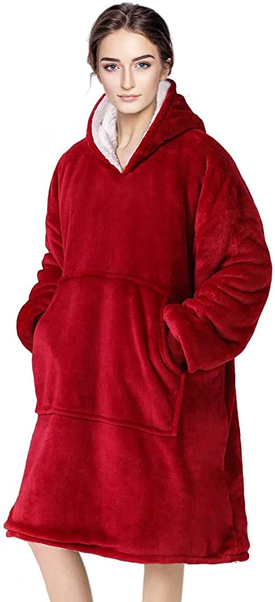 Wearable Blanket Oversized Hoodie Blanket with Hood Pocket and Sleeves Super Soft & Warm Blanket Sweatshirt for Women, Men, Adults and Kids ,One Size Fits All (Red)