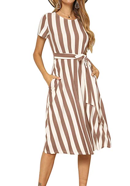 levaca Women's Short Sleeve Striped Casual Flowy Midi Belt Dress with Pockets