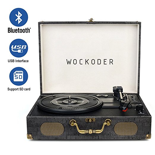 Wockoder Classic Suitcase 3-Speed Record Vinyl Turntable Player with Built in stereo speakers, Vintage Style Vinyl Record Player, Black