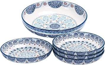 Bico Blue Talavera Ceramic Pasta Bowl, Set of 5(1 unit 214oz, 4 units 35oz), for Pasta, Salad, Microwave & Dishwasher Safe