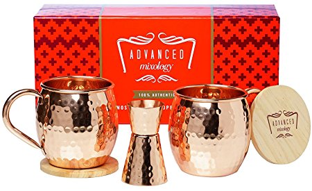 [Gift Set] Advanced Mixology Moscow Mule 100% Pure Copper Mugs (Set of 2) in Luxury box with a measuring Jigger and 2 Artisan Hand Crafted Wooden Coasters