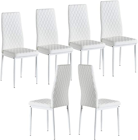 Conput Set of 6 Leather Dining Chairs Set, with Upholstered Cushion & High Back, Powder Coated Metal Legs, Rhombus Pattern Seats, Household Home Kitchen Living Room Bedroom … (White)