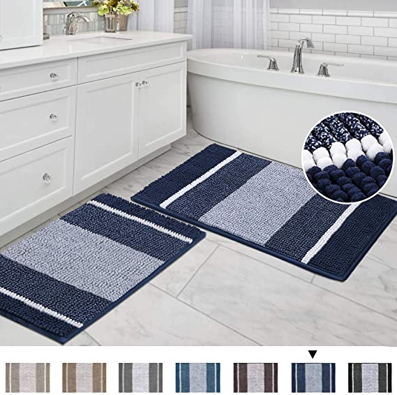 Extra Thick Chenille Striped Pattern Bath Rugs for Bathroom Non Slip - Soft Plush Shaggy Bath Mats for Bathroom Floor, Indoor Mats Rugs for Entryway (Navy, 32 x 20 Plus 24 x 17 - Inches)