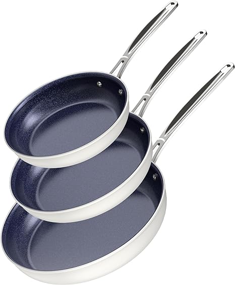 Nuwave 3-Piece 8”, 10”, 12” Forged Lightweight Frying Pan Set, G10 Healthy Duralon Blue Ceramic Ultra Non-Stick, Ergonomic Stay-Cool Handles, Induction-Ready & Works on All Cooktops