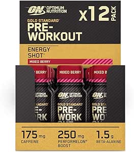 Optimum Nutrition Gold Standard Shots énergétiques Pre Workout, complément prêt à boire avec Bêta Alanine, Caféine, PerforMelon et Vitamines B6 et B12, Goût Mélange de baies, Pack de 12 (12 x 60 ml)