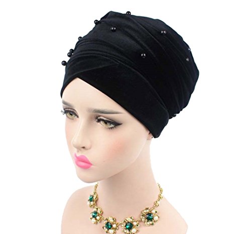 Helisopus Women's Luxury Velvet Turban Headband Pearl Pleated Long Head Wrap Hijab Tube Scarf