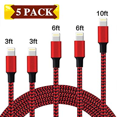 iPhone Charger, Lightning Cable, 3Ft 6Ft 10Ft Nylon Braided USB Charging & Syncing Cord Compatible with iPhone Xs/XR/XS Max/X/7/7Plus/8/8Plus/6S/Plus/5SE/5S/5C/5 and More(Black&Red)