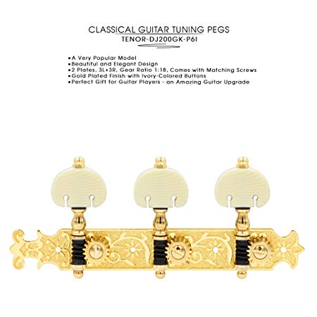 DJ200GK-P6I TENOR Classical Guitar Tuners Professional Tuning Key Pegs/Machine Heads for Classical or Flamenco Guitar with Gold and Black Finish and Ivory Colored Buttons.