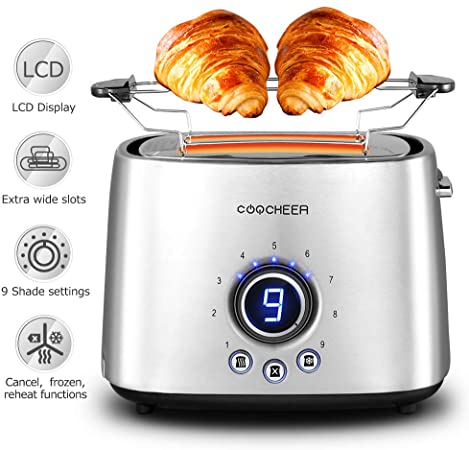 Toaster 2 Slice, COOCHEER Stainless Steel Toaster with LCD Display Compact with 9 Shade Settings, Toaster for Bagels and Bread with Defrost/Reheat/Cancel Function, Warming Rack Removable Crumb Tray