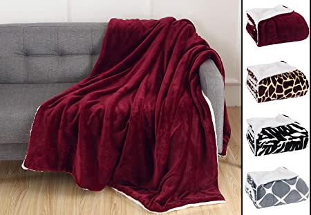 Elegant Comfort Luxury Ultra-Plush Velvet Touch Fleece Throw Soft, Warm, Cozy| Micromink Sherpa-Backing Reversible Blanket for Bed, Sofa and Couch, Solid Burgundy