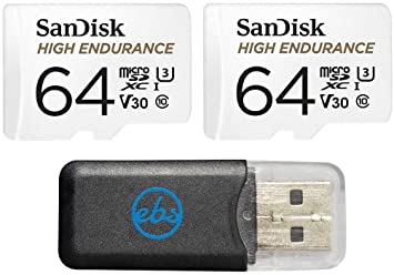 2-Pack SanDisk High Endurance Video Monitoring MicroSD MicroSDHC Card with Adapter 64GB (SDSDQQ-064G-2PK-R4BK) Bundle with Everything But Stromboli Memory Card Reader