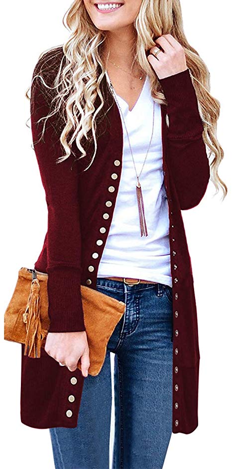 MEROKEETY Women's Long Sleeve Snap Button Down Solid Color Knit Ribbed Neckline Cardigans