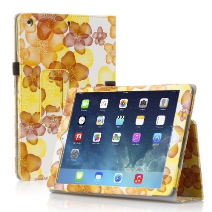 TNP iPad 234 Case Flower Yellow - Slim Fit Synthetic Leather Folio Case Stand with Smart Cover Auto Sleep and Wake Feature and Stylus Holder for Apple iPad 4th Gen the New iPad 3 and iPad 2