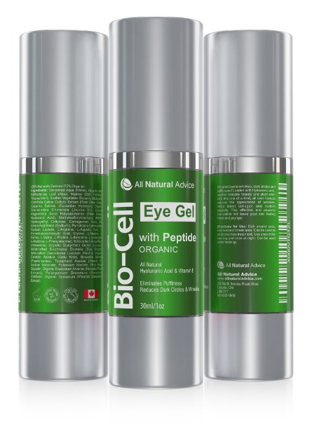 Bio Cell Eye Cream Gel 30 ml - Canadian Made - Certified Organic  Peptide  Hyaluronic Acid  Plant Stem Cells to Remove Circles and Puffiness while Boosts Collagen Anti Aging Skin Care - by All Natural Advice