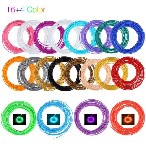 Excelvan 3D Pen Filament Refills 1.75mm PLA Doodle Filament Pack 340 Linear Feet Total of 20 Different Colors (16 Colors   4 Glow in Dark Colors) in 17 Feet Lengths for 3D Pen