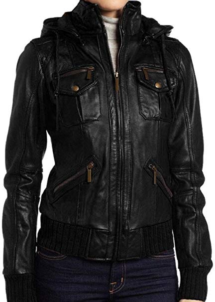 The Leather Factory Women's Lambskin Detachable Hooded Leather Bomber Jacket