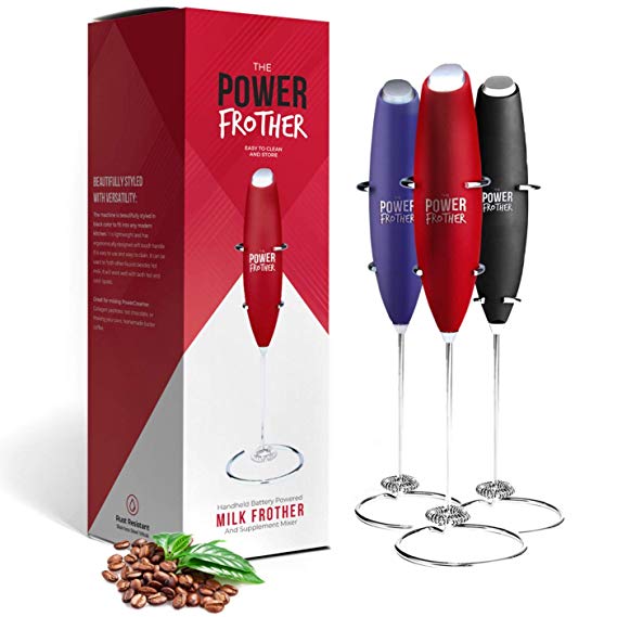 Power Frother - Red Milk Frother for Coffee - Durable Electric Handheld - Battery Operated for Protein Powder, Collagen, Pre-Workout - Quiet & High Powered - By Omega PowerCreamer - Stand Included