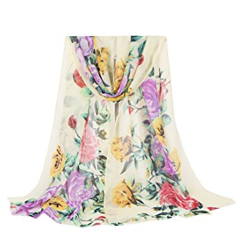 E-Clover Lightweight Chiffon Sheer Scarves: Women's Pretty Rose Print Scarf