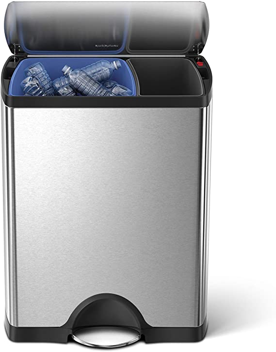 simplehuman 46 Liter / 12.2 Gallon Stainless Steel Rectangular Kitchen Dual Compartment Step Trash Can Recycler, Brushed Stainless Steel