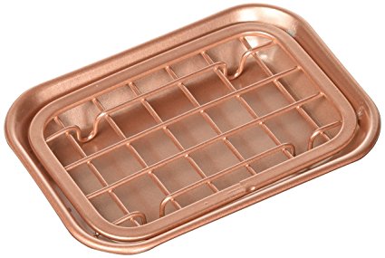 mDesign 2-Piece Soap Dish Tray for Kitchen Sink Countertops: Drainer and Holder for Soap, Sponges - Drainage Grid with Tray - Rust Resistant Stainless Steel Metal in Copper Finish