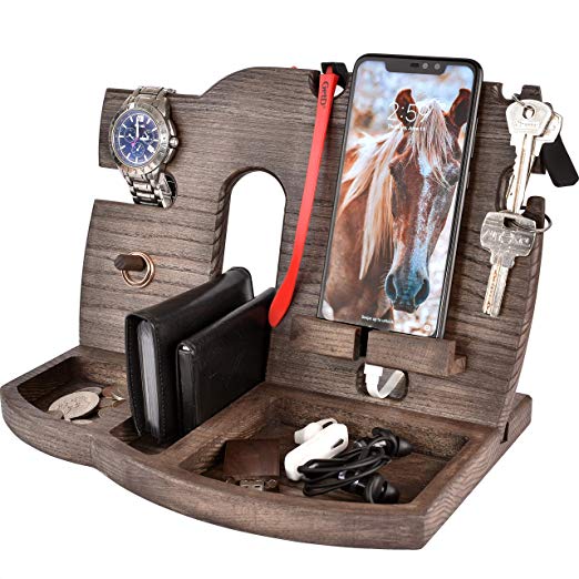 Wood Cell Phone Stand Smartwatch Wallet Holder. Man Cave Decor Multiple Gadget Dock Mobile Accessory Organizer. Nightstand Charging Docking Station Dad Wooden Desk Storage. Bed Side Dresser Valet Tray