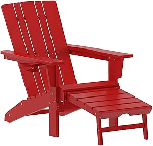 Flash Furniture Halifax Poly Resin Adirondack Chair with Cup Holder and Pull Out Ottoman, All-Weather Poly Resin Indoor/Outdoor Lounge Chair, Red