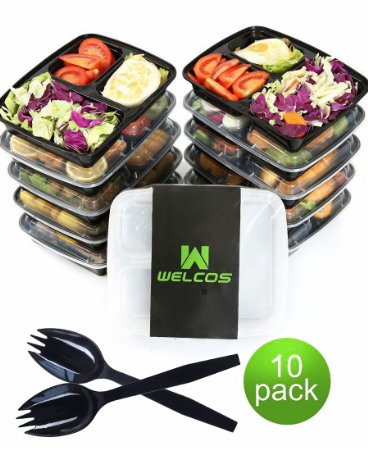 Welcos 10 Pack 3 compartment Meal Prep Food Storage Containers with Lids/Portion Control Bento Lunch Box Container Set/Dishwasher Microwave Safe Cover Plates Dividers Bonus Cutlery(36oz)