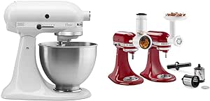 KitchenAid Classic Series 4.5 Quart Tilt-Head Stand Mixer K45SS, White & ® Food Grinder   Fresh Prep Slicer/Shredder Attachment Bundle, White