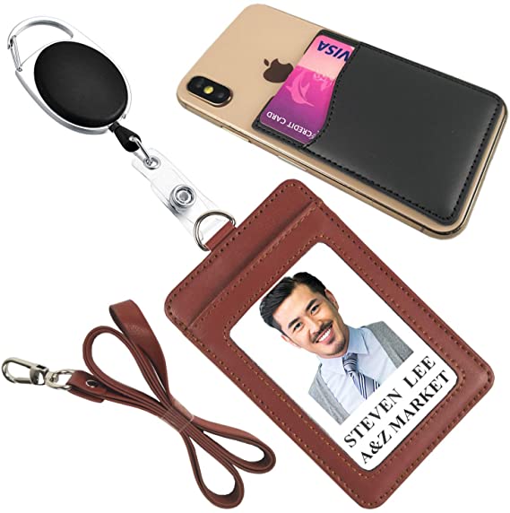Lucstar Work ID Badge Holder with Retractable Reel Clip Lanyard, Genuine Leather Credit Card Holder Wallet for Cellphone Back Vertical for Women Men Students Nurse Office ID Tag Gift(A Brown)