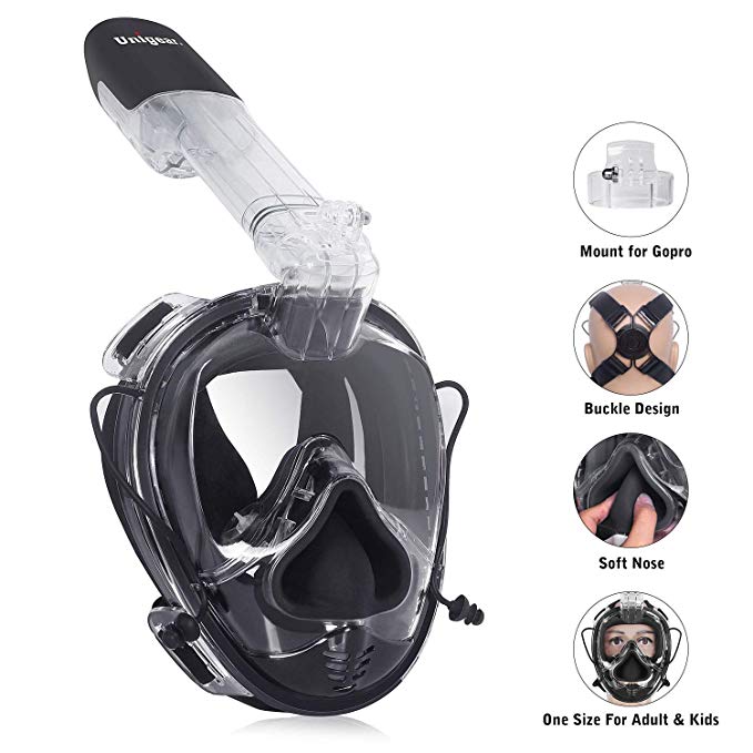 Unigear Full Face Snorkel Mask with Detachable Camera Mount, 180°Panoramic View Ear Pressure Balance Anti-Fog Anti-Leak Snorkeling mask, Universal Size for Adults and Youth