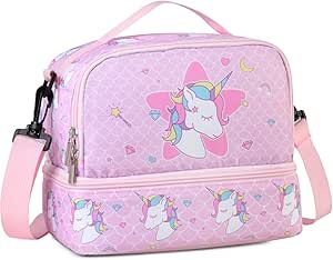 Lunch Bag for Kids, Insulated Lunch Box Cute Thermal Lunch Tote Bag with Dual Compartment and Removable Shoulder Strap, VONXURY (Pink Unicorn 2)