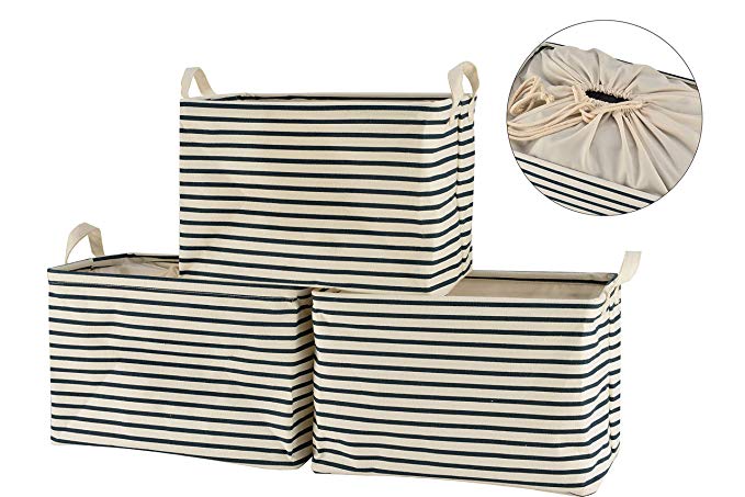 Perber Collapsible Storage Basket Bins [3-Pack], Foldable Canvas Fabric Storage Cubes Box Containers with Handles- 15inch Large Organizer for Nursery Toys,Kids Room,Towels,Clothes, Blue Strips