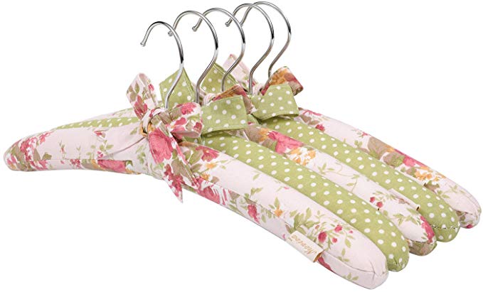 NEOVIVA Clothes Hanger for Wedding Dress, Adult Wood Hangers with Sponge Padding and Fabric Coating, Set of 5, Floral Quartz Pink