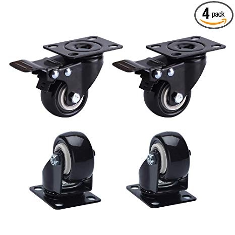 VAPSINT 4 Pack 2" Black No Noise Heavy Duty Caster Wheels Polyurethane PU Swivel Casters with 360 Degree Top Plate 220lb Total Capacity for Set of 4 (2 with Brakes& 2 without)