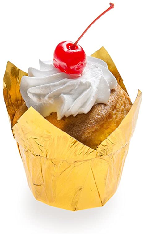 1.2 Ounce Petal Baking Cups, 200 Grease Resistant Tulip Cupcake Wrappers - Tulip Shaped, Oven Safe, Gold Paper Disposable Cupcake Liners, For Parties and Weddings, Mini - Restaurantware