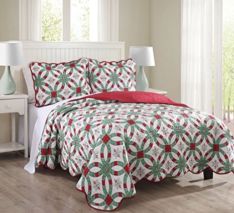 3 Piece Queen Snowflake Red and Green Quilt Set