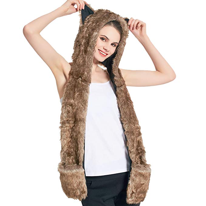Faux Fur Animal Hat Scarf Gloves Mittens 3-in-3 Function Furry Hoodie with Paws Ears