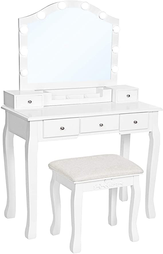 VASAGLE Vanity Set, Dressing Table Set with Mirror, 10 Light Bulbs, 6-Slot Removable Organizer, 5 Drawers, 1 Drawer Divider, Cushioned Stool, for Bedroom, White URDT170W01