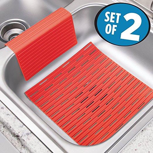 mDesign Silicone Kitchen Sink Protector Mat and Divider - Set of 2, Red