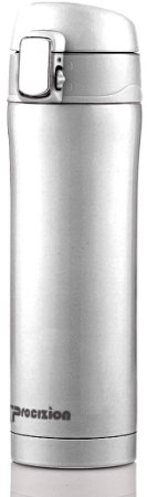 Insulated Stainless Steel Vacuum Flask Travel Mug, Compact Leak Proof Beverage Thermos Bottle, Silver - 16 oz