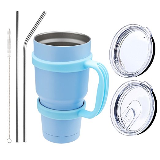 Comfy Mee Double wall Vacuum Insulated Stainless Steel Sky Blue Tumbler with Sky Blue Handle 30oz Combo: 1 Mug - 1 Regular Lid - 1 Spill & Splash Resistant Lid - 1 Handle-2 Straws - 1 Cleaner brush