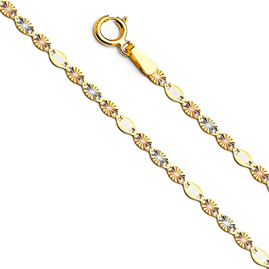 14k Tri Color Gold Solid 2mm Flat Valentino Star Diamond Cut Chain Necklace with Spring Ring Clasp