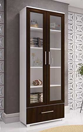 Manhattan Comfort Serra 1.0 Bookcase Collection Modern 5 Shelf Bookcase Display Case with 2 Glass Doors and 1 Bottom Drawer, White/Tobacco