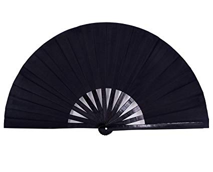 Amajiji Large Folding Hand Rave Fan for Women/Men, Chinease/Japanese Bamboo and Nylon-Cloth Folding Hand Fan for Performance, Festival, Events, Gift, Craft, Dance, Decorations (Black)