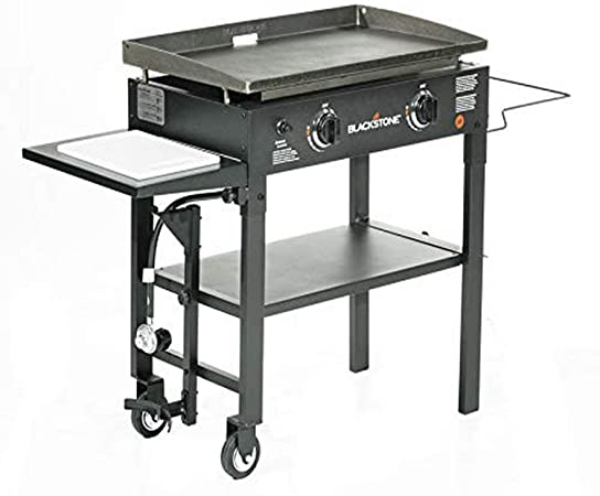 Blackstone 1853 Flat Top Gas Grill 2 Burner Propane Fuelled Rear Grease Management System 28” Outdoor Griddle Station for Camping with Built in Cutting Board and Garbage Holder, 28 Inch, Black