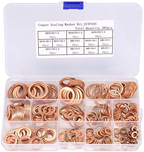 OwnMy 280Pcs 12 Sizes Brass Flat and Lock Washers Assortment Metric Ring Copper Crush Sealing Washer Gasket with Box - Size Includes M5 M6 M8 M10 M12 M14 M16 M20